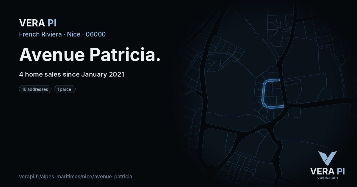 Avenue Patricia, Nice at night – every parcel coloured by the prices around it, the street's own parcels lit