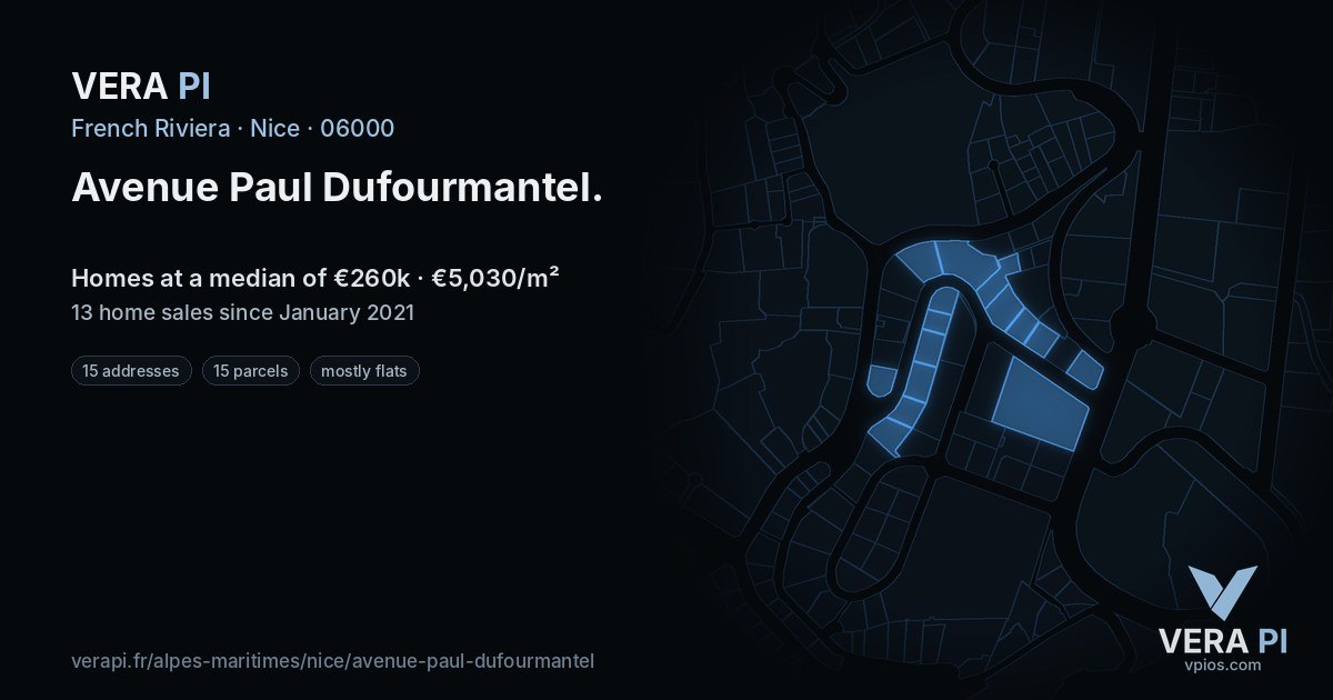 Avenue Paul Dufourmantel, Nice at night – every parcel coloured by the prices around it, the street's own parcels lit