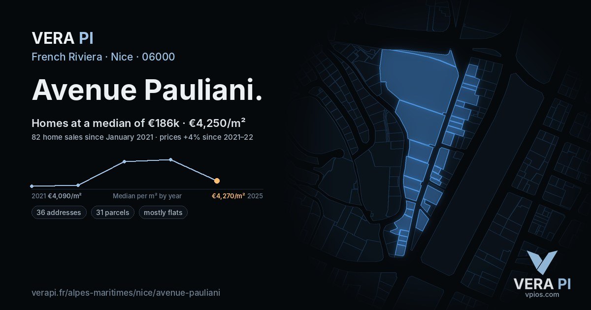 Avenue Pauliani, Nice at night – every parcel coloured by the prices around it, the street's own parcels lit
