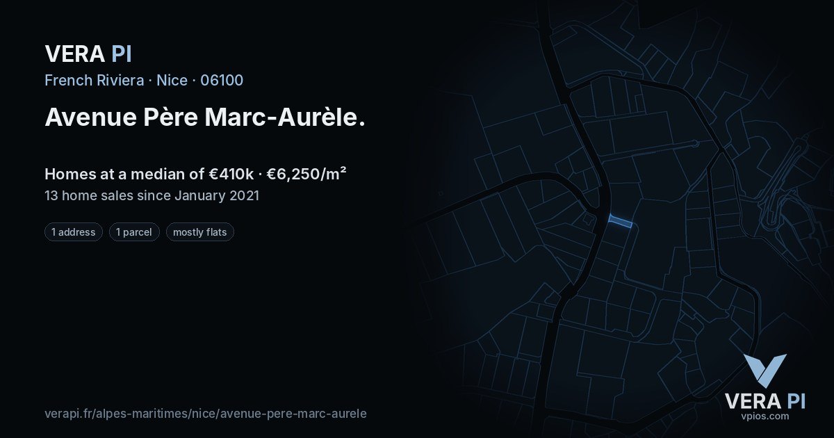 Avenue Père Marc-Aurèle, Nice at night – every parcel coloured by the prices around it, the street's own parcels lit