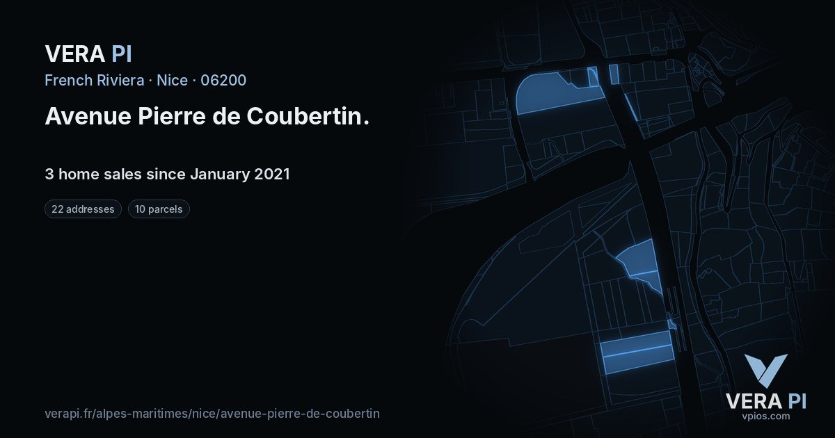 Avenue Pierre de Coubertin, Nice at night – every parcel coloured by the prices around it, the street's own parcels lit