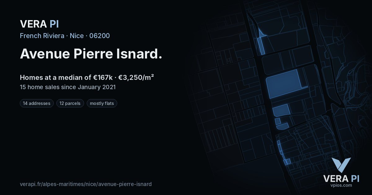 Avenue Pierre Isnard, Nice at night – every parcel coloured by the prices around it, the street's own parcels lit