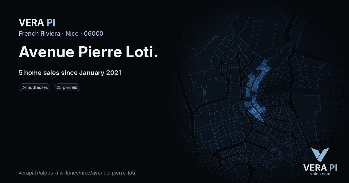 Avenue Pierre Loti, Nice at night – every parcel coloured by the prices around it, the street's own parcels lit