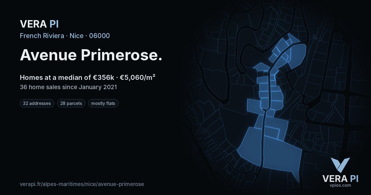 Avenue Primerose, Nice at night – every parcel coloured by the prices around it, the street's own parcels lit