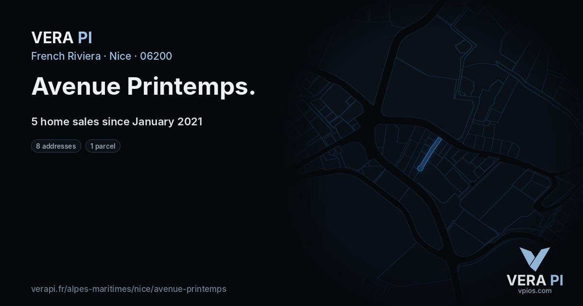 Avenue Printemps, Nice at night – every parcel coloured by the prices around it, the street's own parcels lit