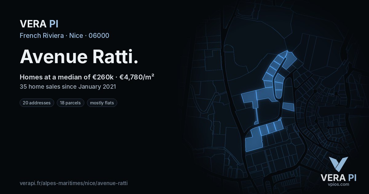 Avenue Ratti, Nice at night – every parcel coloured by the prices around it, the street's own parcels lit