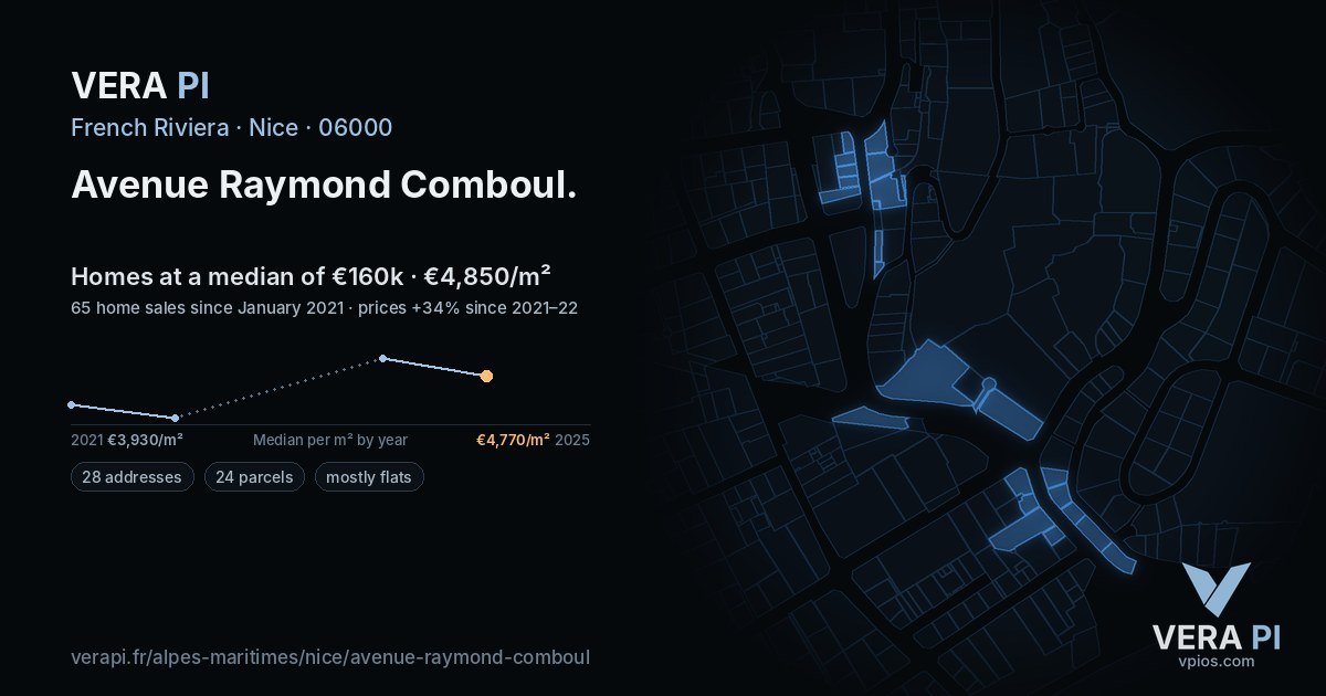 Avenue Raymond Comboul, Nice at night – every parcel coloured by the prices around it, the street's own parcels lit