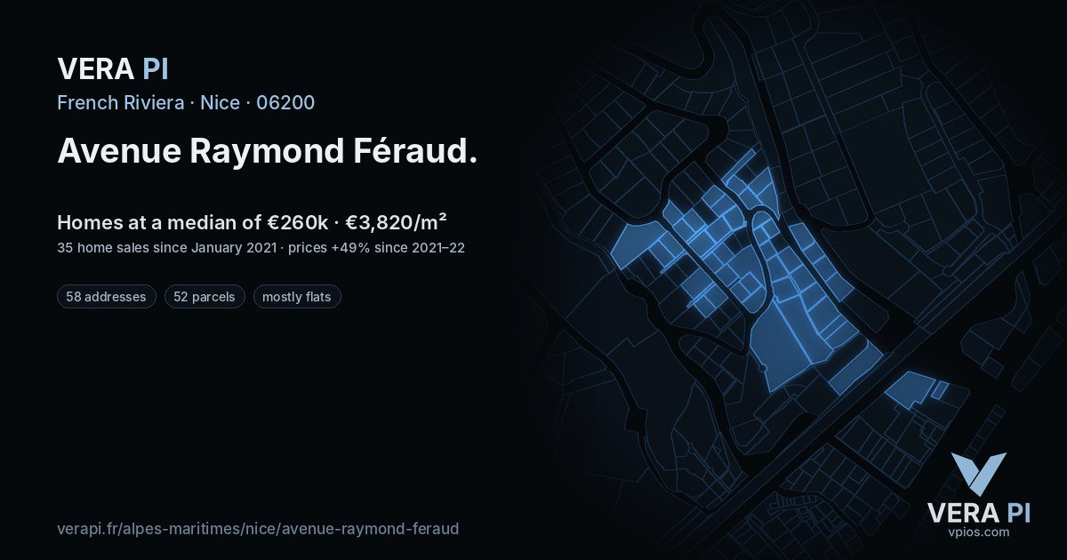 Avenue Raymond Féraud, Nice at night – every parcel coloured by the prices around it, the street's own parcels lit