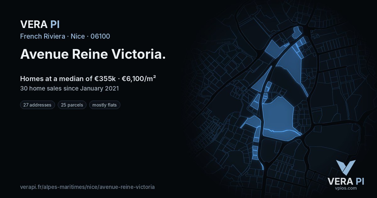 Avenue Reine Victoria, Nice at night – every parcel coloured by the prices around it, the street's own parcels lit