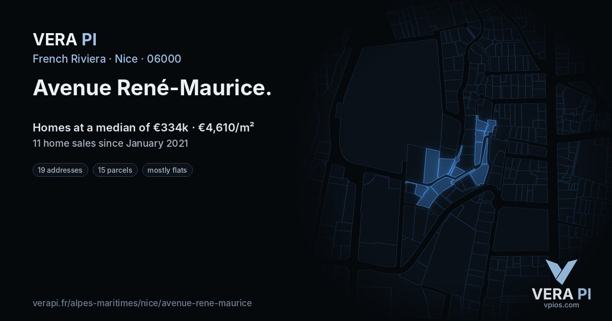 Avenue René-Maurice, Nice at night – every parcel coloured by the prices around it, the street's own parcels lit