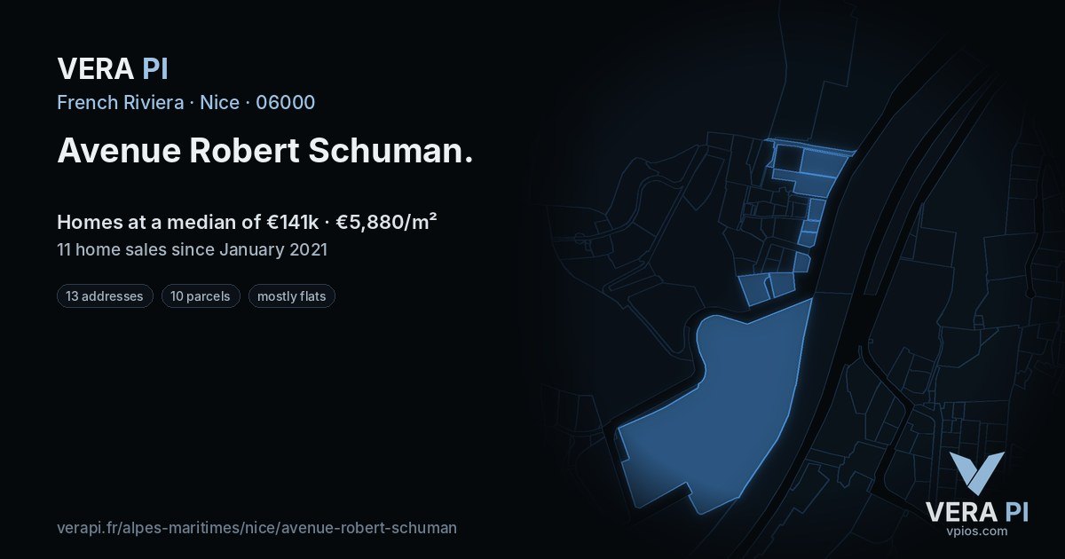 Avenue Robert Schuman, Nice at night – every parcel coloured by the prices around it, the street's own parcels lit