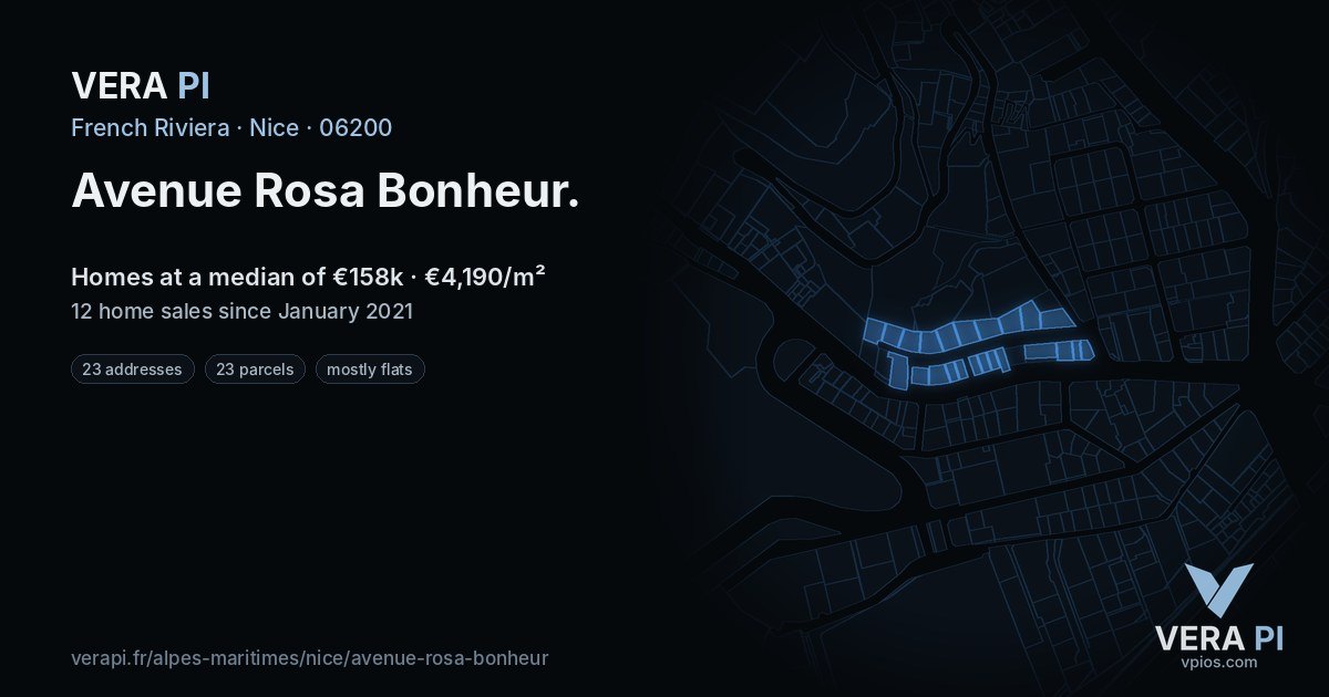 Avenue Rosa Bonheur, Nice at night – every parcel coloured by the prices around it, the street's own parcels lit