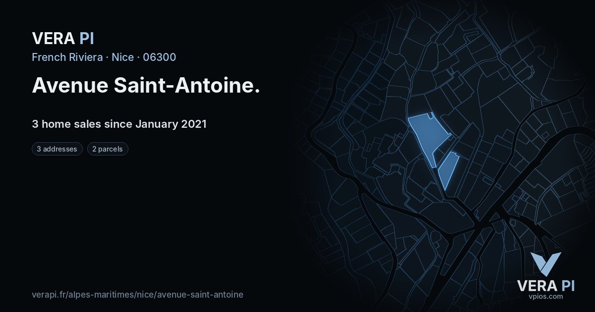 Avenue Saint-Antoine, Nice at night – every parcel coloured by the prices around it, the street's own parcels lit