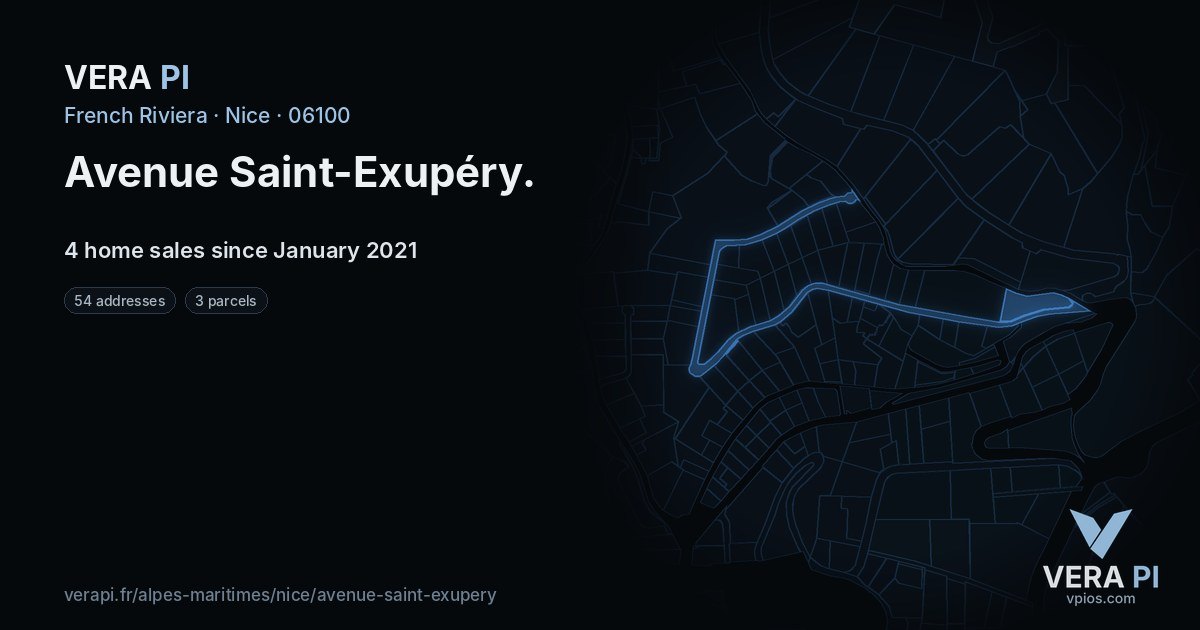 Avenue Saint-Exupéry, Nice at night – every parcel coloured by the prices around it, the street's own parcels lit