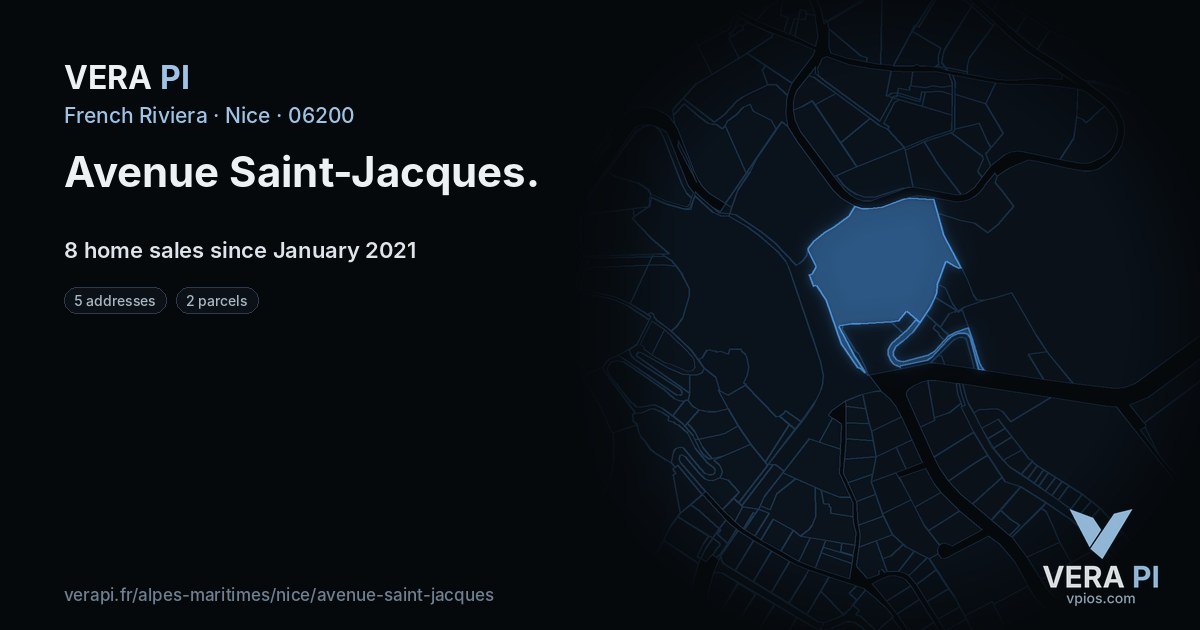 Avenue Saint-Jacques, Nice at night – every parcel coloured by the prices around it, the street's own parcels lit