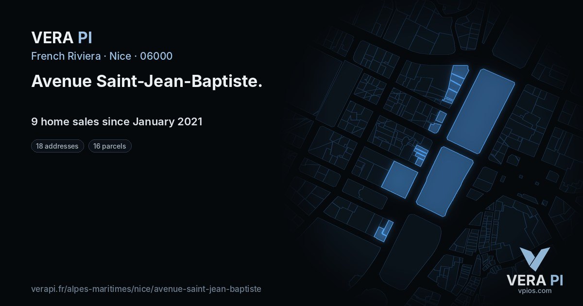 Avenue Saint-Jean-Baptiste, Nice at night – every parcel coloured by the prices around it, the street's own parcels lit