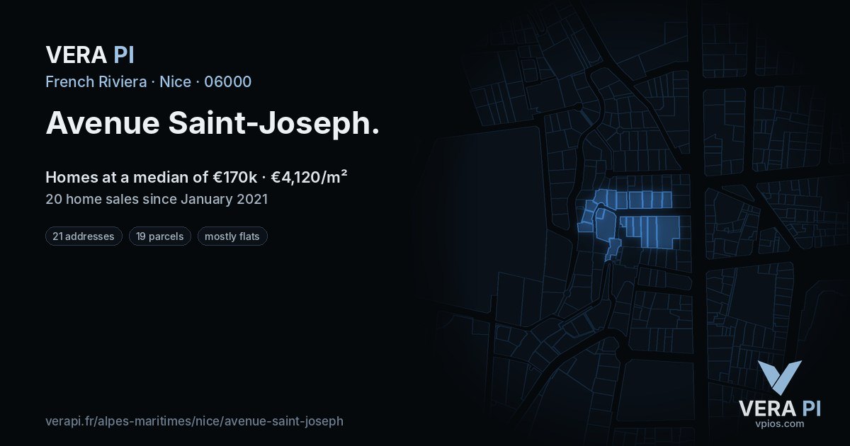 Avenue Saint-Joseph, Nice at night – every parcel coloured by the prices around it, the street's own parcels lit