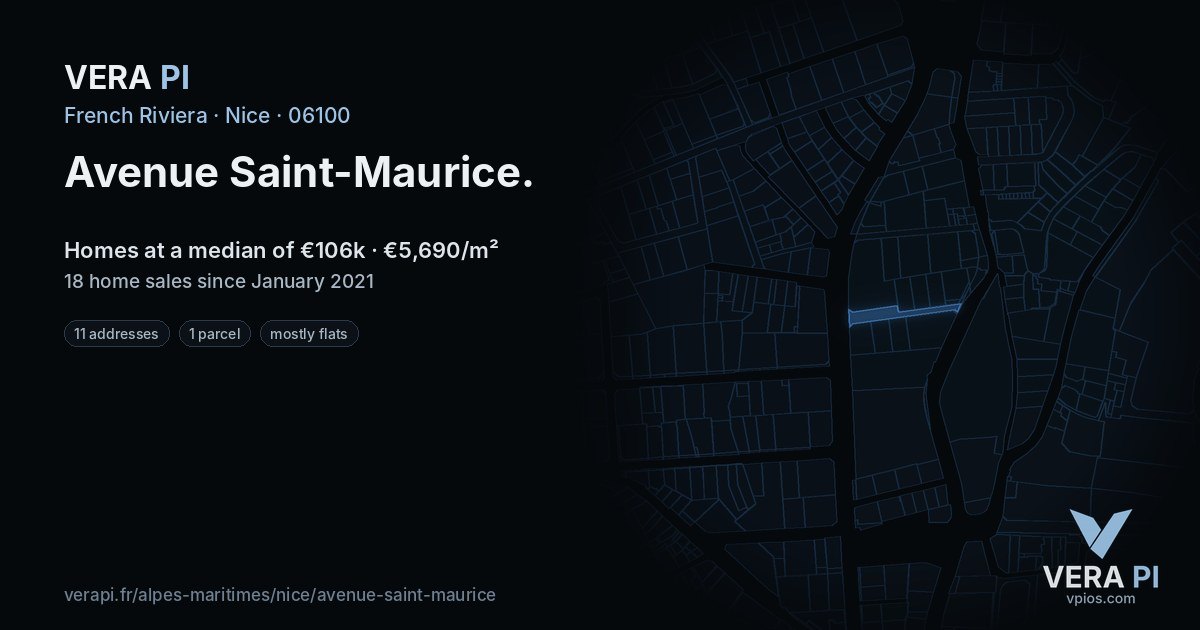Avenue Saint-Maurice, Nice at night – every parcel coloured by the prices around it, the street's own parcels lit