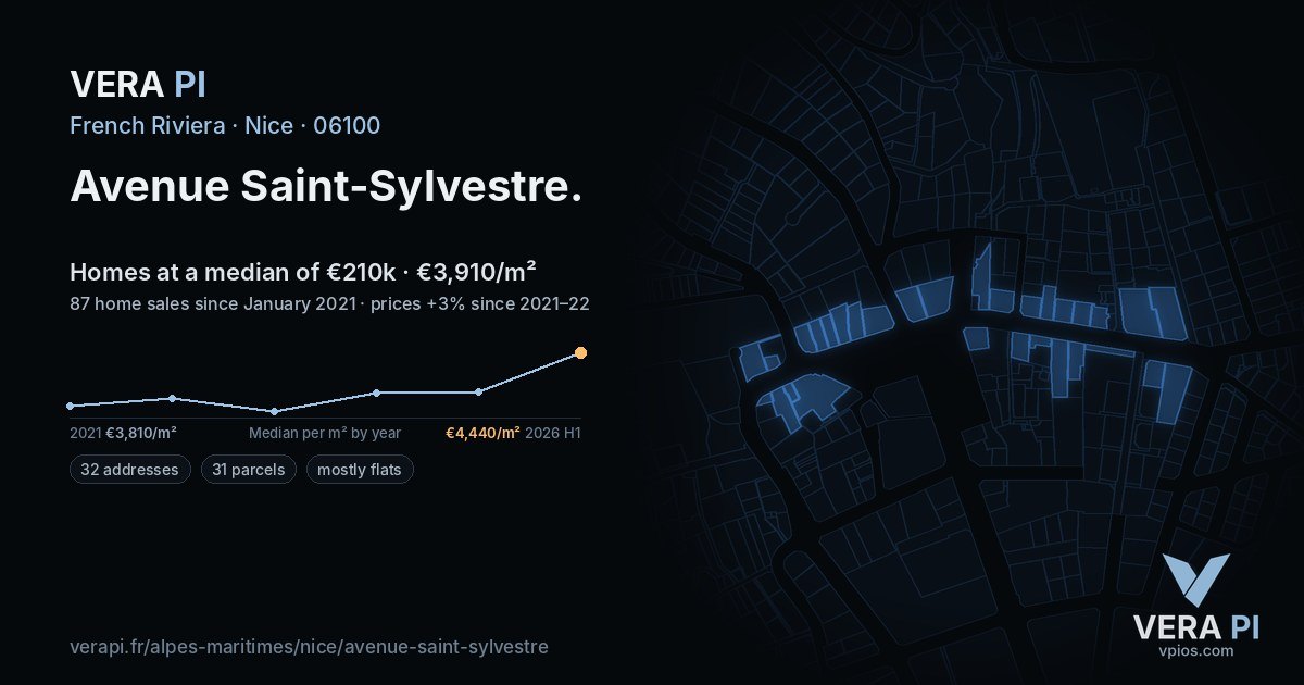 Avenue Saint-Sylvestre, Nice at night – every parcel coloured by the prices around it, the street's own parcels lit