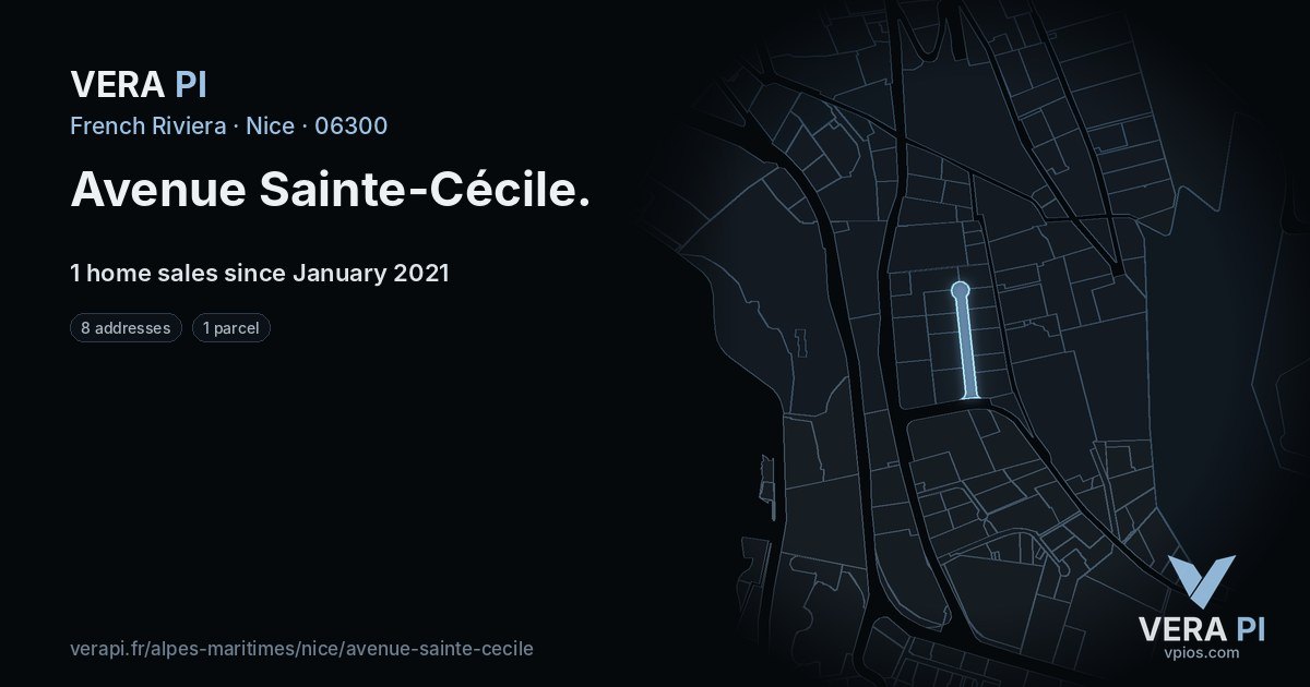Avenue Sainte-Cécile, Nice at night – every parcel coloured by the prices around it, the street's own parcels lit