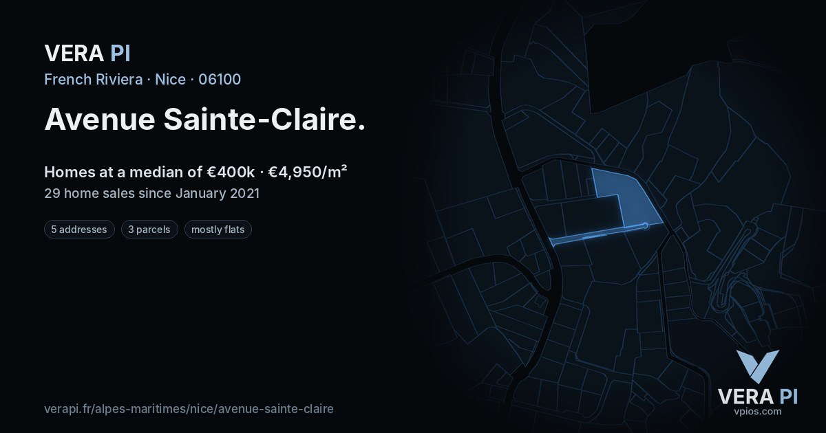 Avenue Sainte-Claire, Nice at night – every parcel coloured by the prices around it, the street's own parcels lit