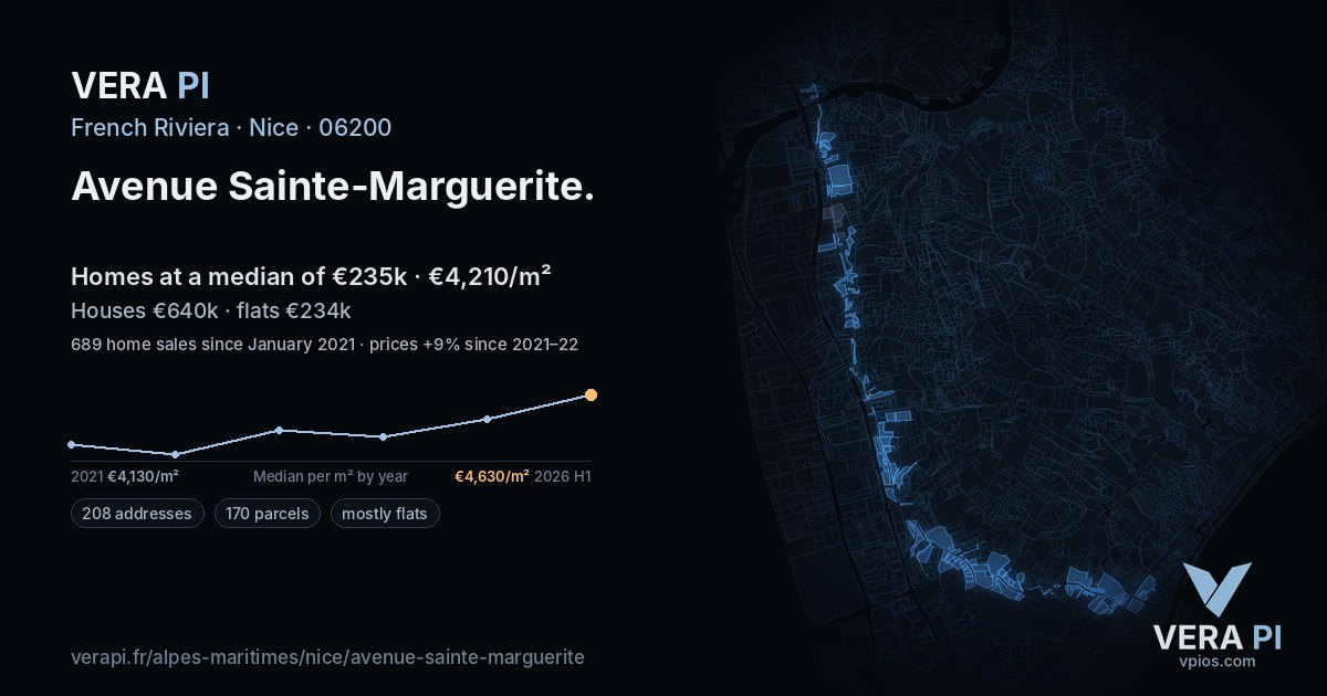 Avenue Sainte-Marguerite, Nice at night – every parcel coloured by the prices around it, the street's own parcels lit