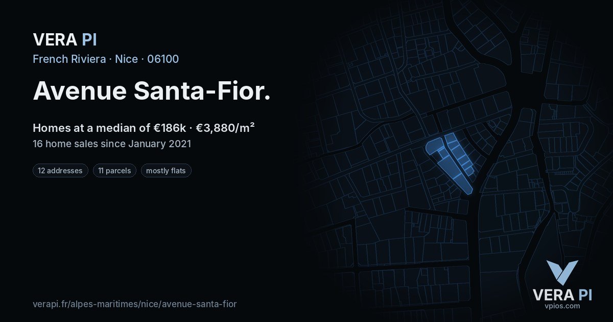 Avenue Santa-Fior, Nice at night – every parcel coloured by the prices around it, the street's own parcels lit