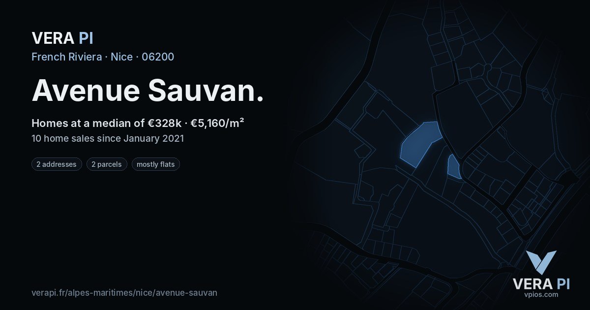 Avenue Sauvan, Nice at night – every parcel coloured by the prices around it, the street's own parcels lit