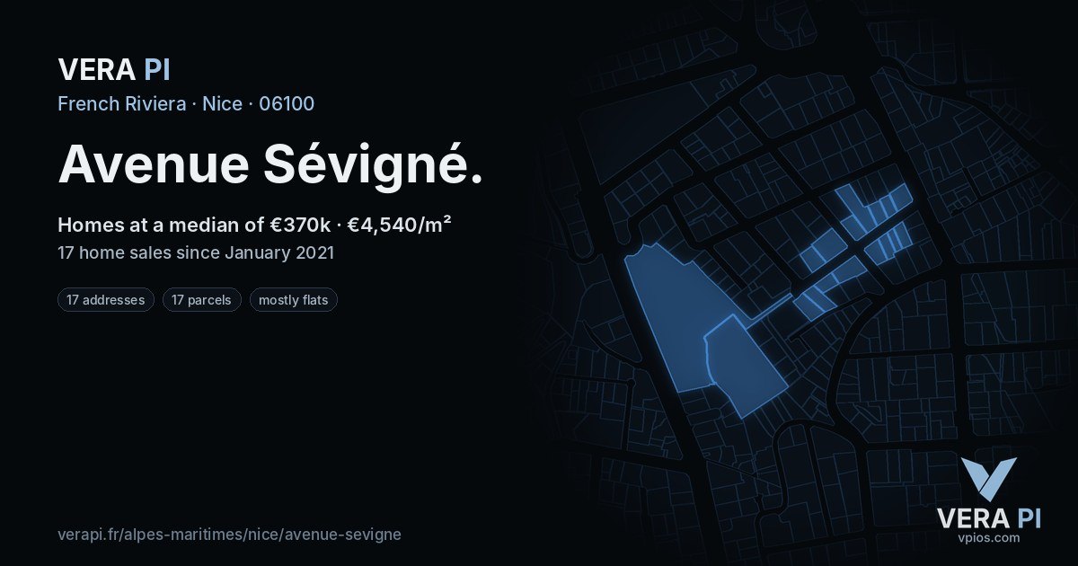 Avenue Sévigné, Nice at night – every parcel coloured by the prices around it, the street's own parcels lit