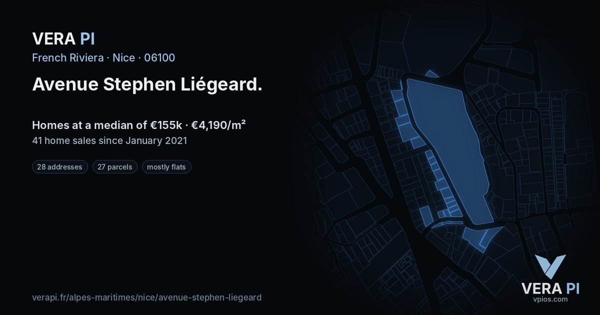Avenue Stephen Liégeard, Nice at night – every parcel coloured by the prices around it, the street's own parcels lit