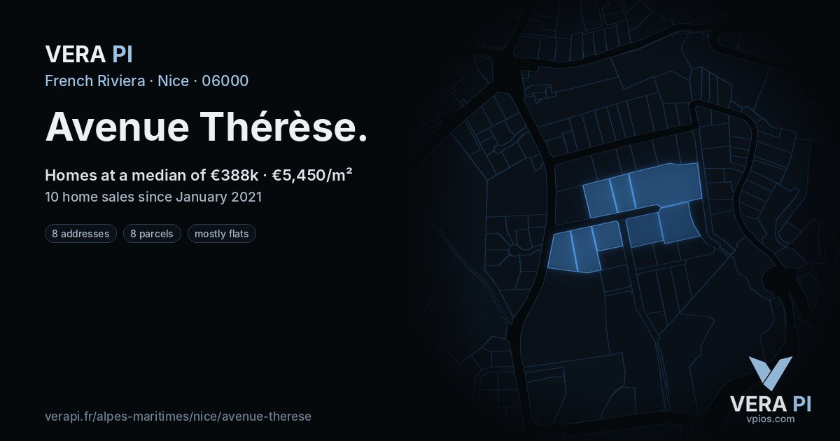 Avenue Thérèse, Nice at night – every parcel coloured by the prices around it, the street's own parcels lit