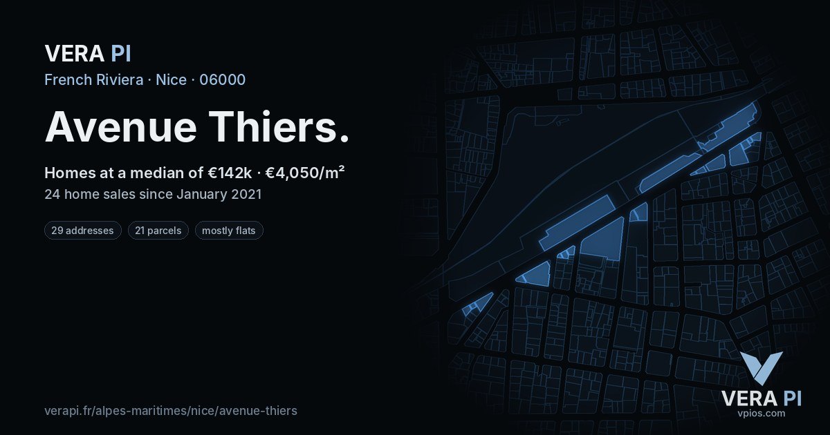 Avenue Thiers, Nice at night – every parcel coloured by the prices around it, the street's own parcels lit