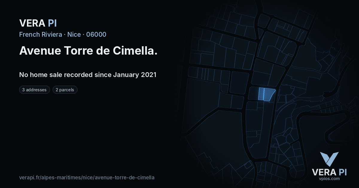 Avenue Torre de Cimella, Nice at night – every parcel coloured by the prices around it, the street's own parcels lit