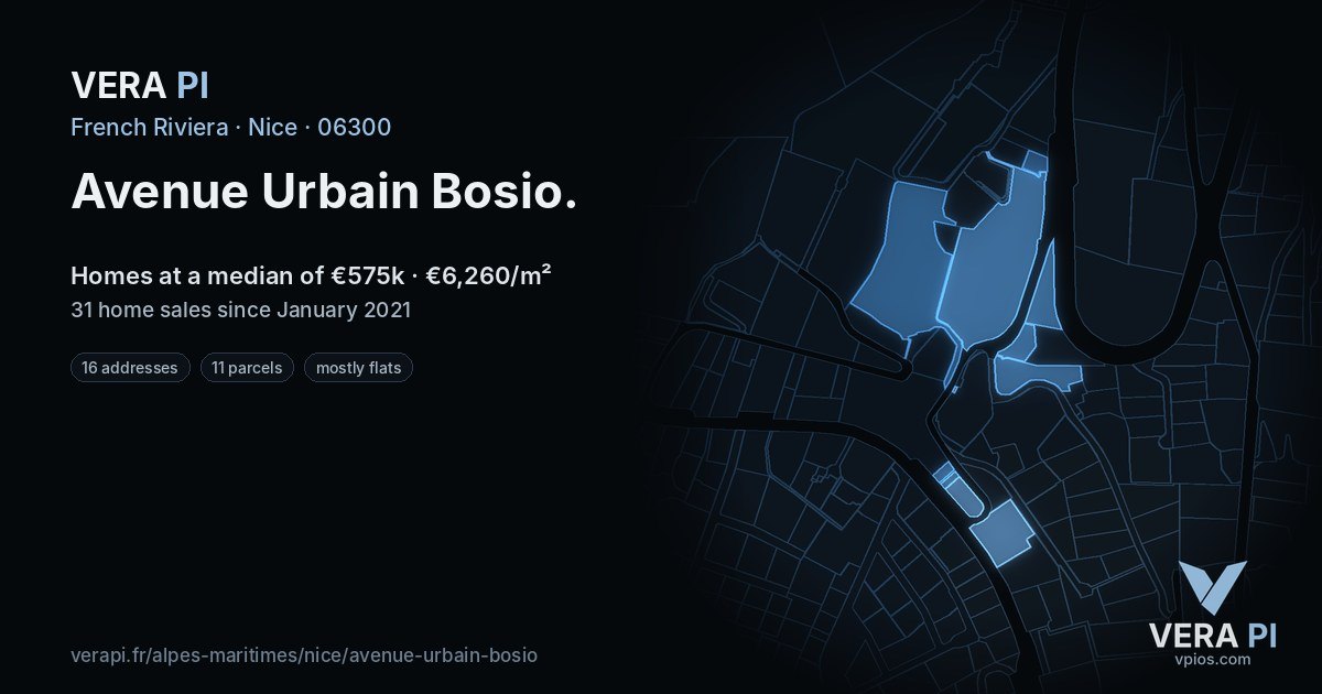 Avenue Urbain Bosio, Nice at night – every parcel coloured by the prices around it, the street's own parcels lit