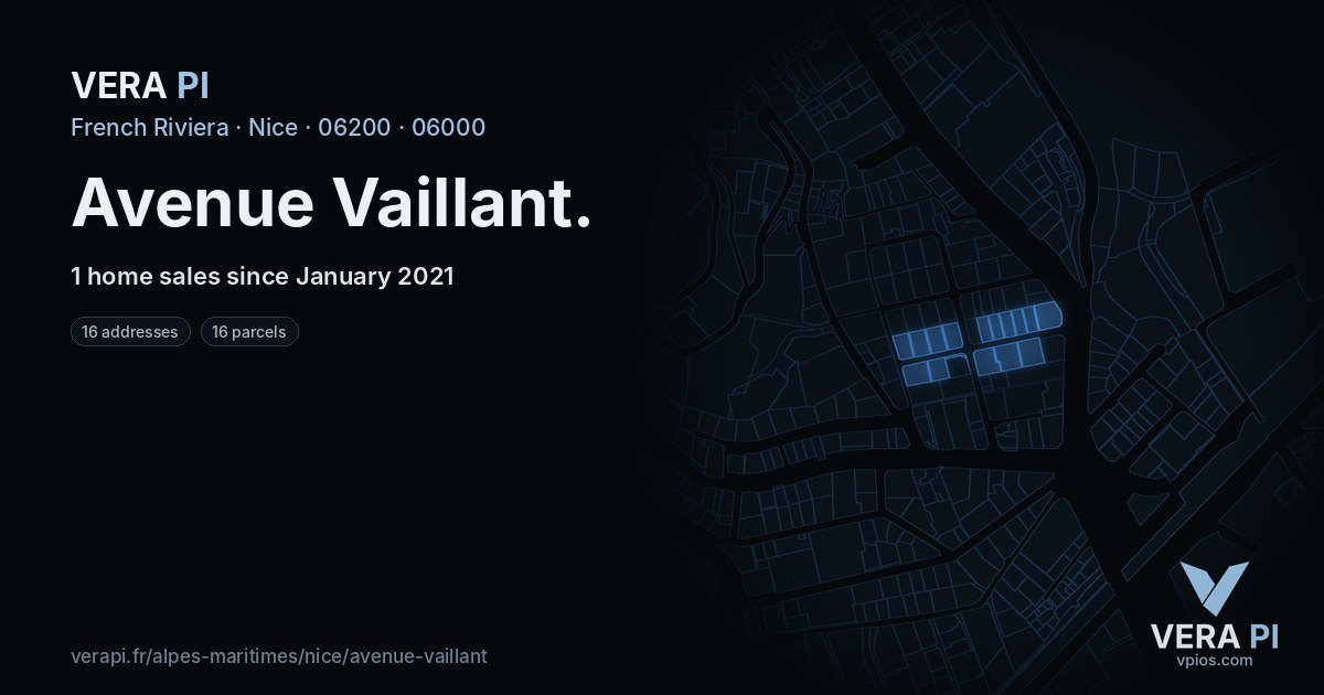 Avenue Vaillant, Nice at night – every parcel coloured by the prices around it, the street's own parcels lit