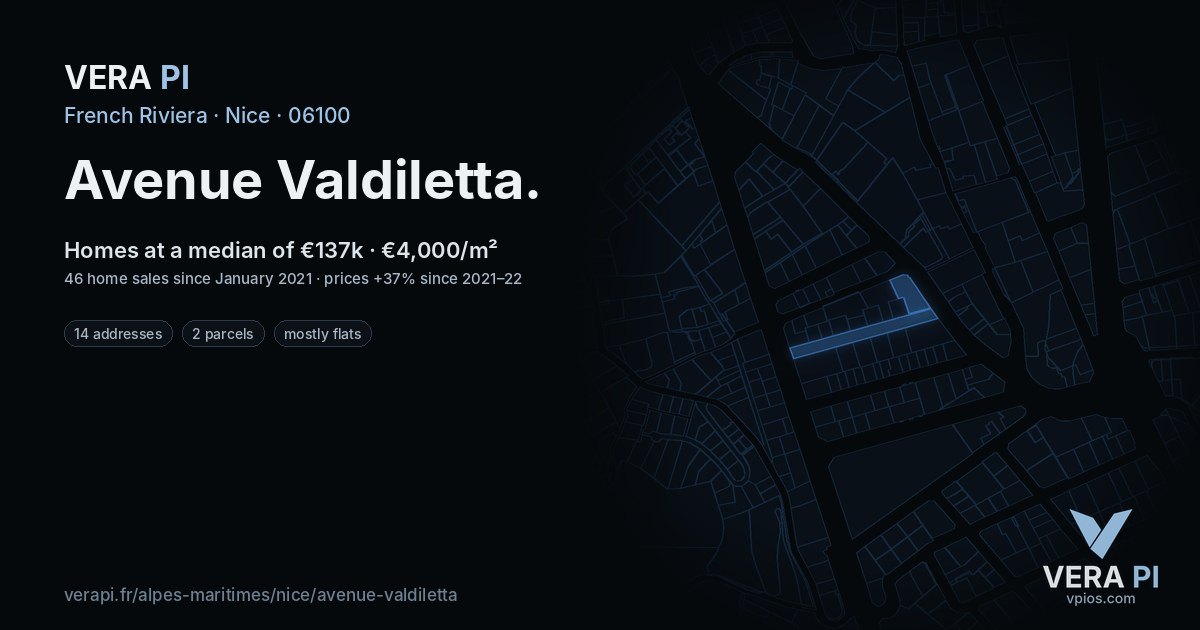 Avenue Valdiletta, Nice at night – every parcel coloured by the prices around it, the street's own parcels lit