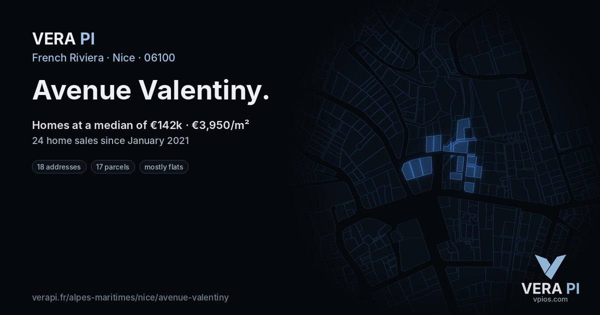 Avenue Valentiny, Nice at night – every parcel coloured by the prices around it, the street's own parcels lit