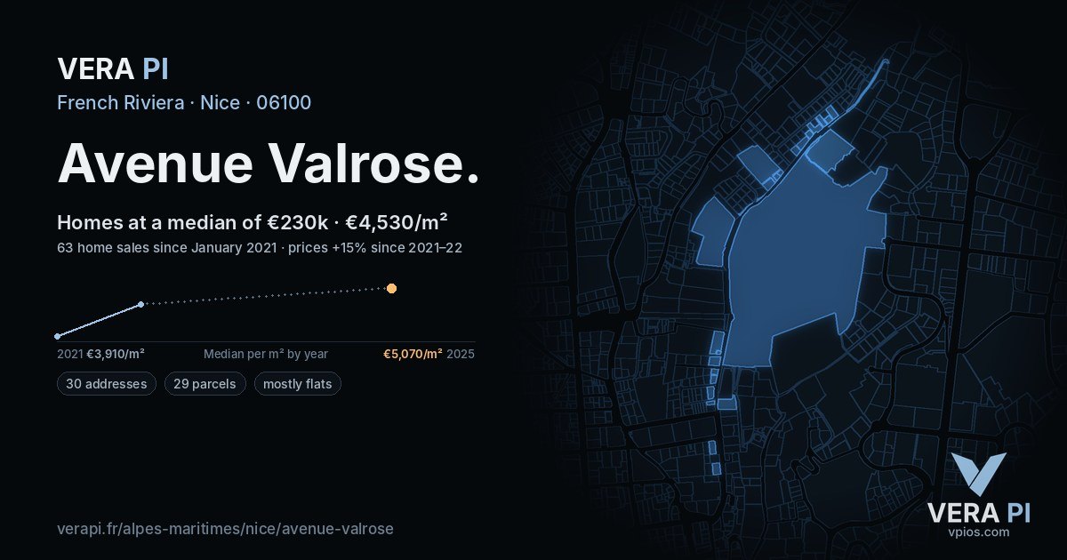 Avenue Valrose, Nice at night – every parcel coloured by the prices around it, the street's own parcels lit