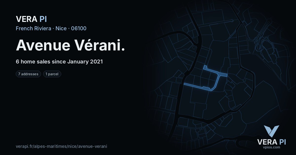 Avenue Vérani, Nice at night – every parcel coloured by the prices around it, the street's own parcels lit