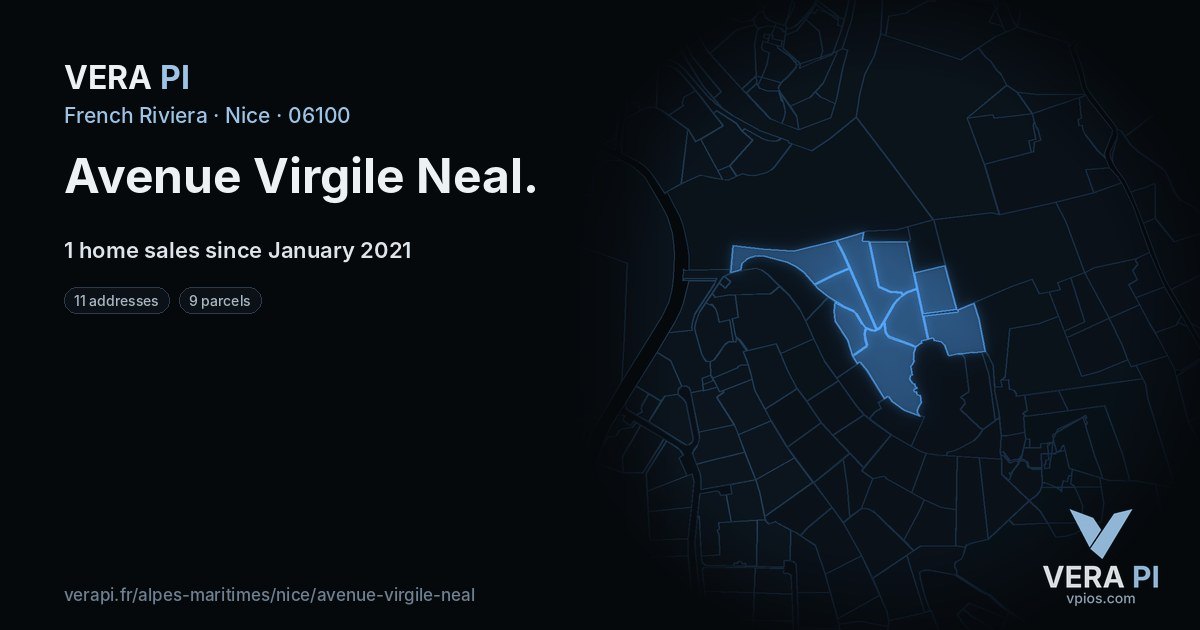 Avenue Virgile Neal, Nice at night – every parcel coloured by the prices around it, the street's own parcels lit