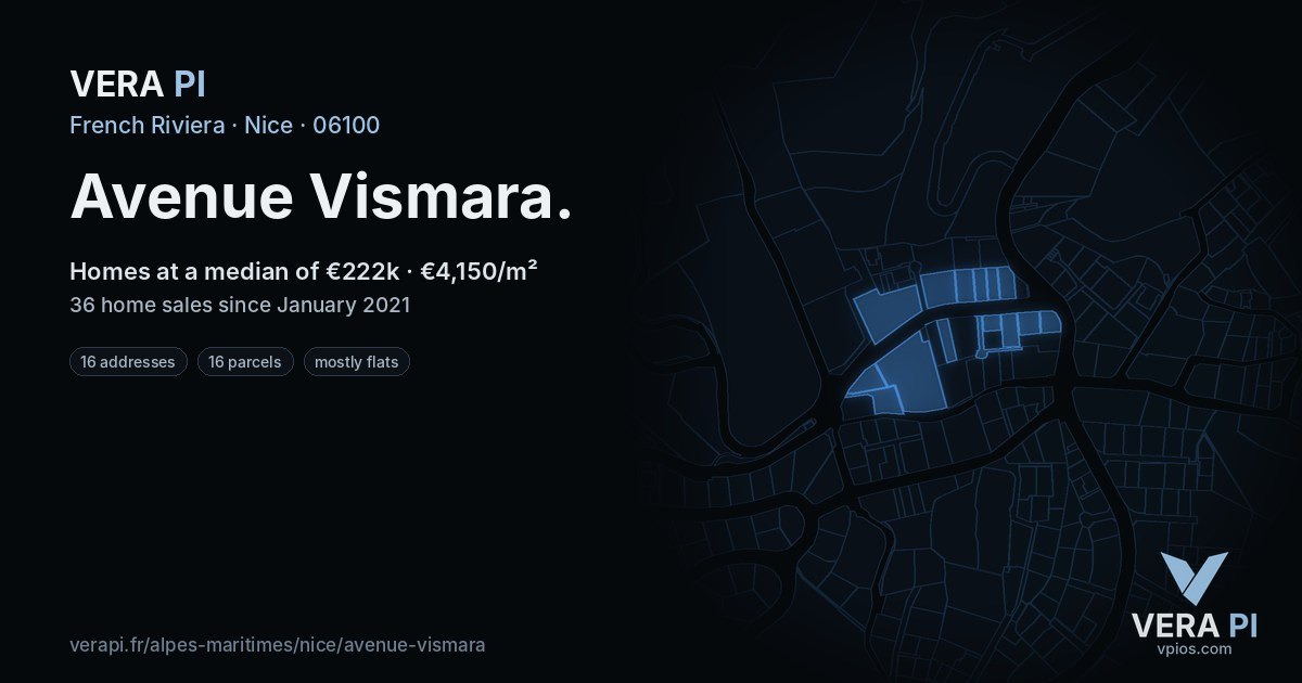 Avenue Vismara, Nice at night – every parcel coloured by the prices around it, the street's own parcels lit