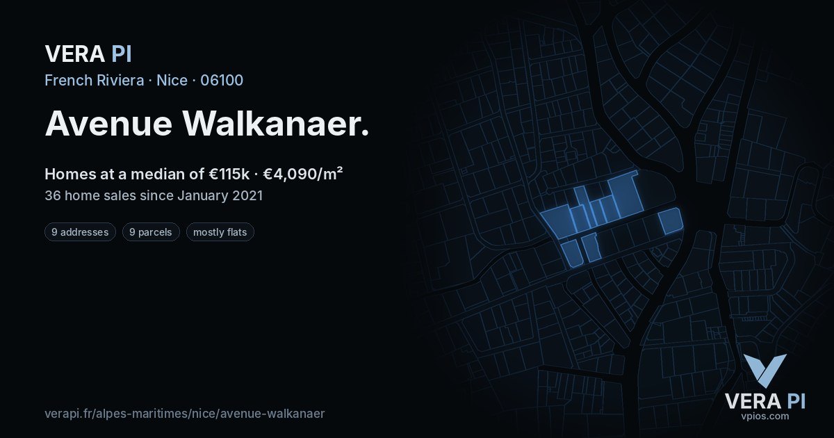 Avenue Walkanaer, Nice at night – every parcel coloured by the prices around it, the street's own parcels lit
