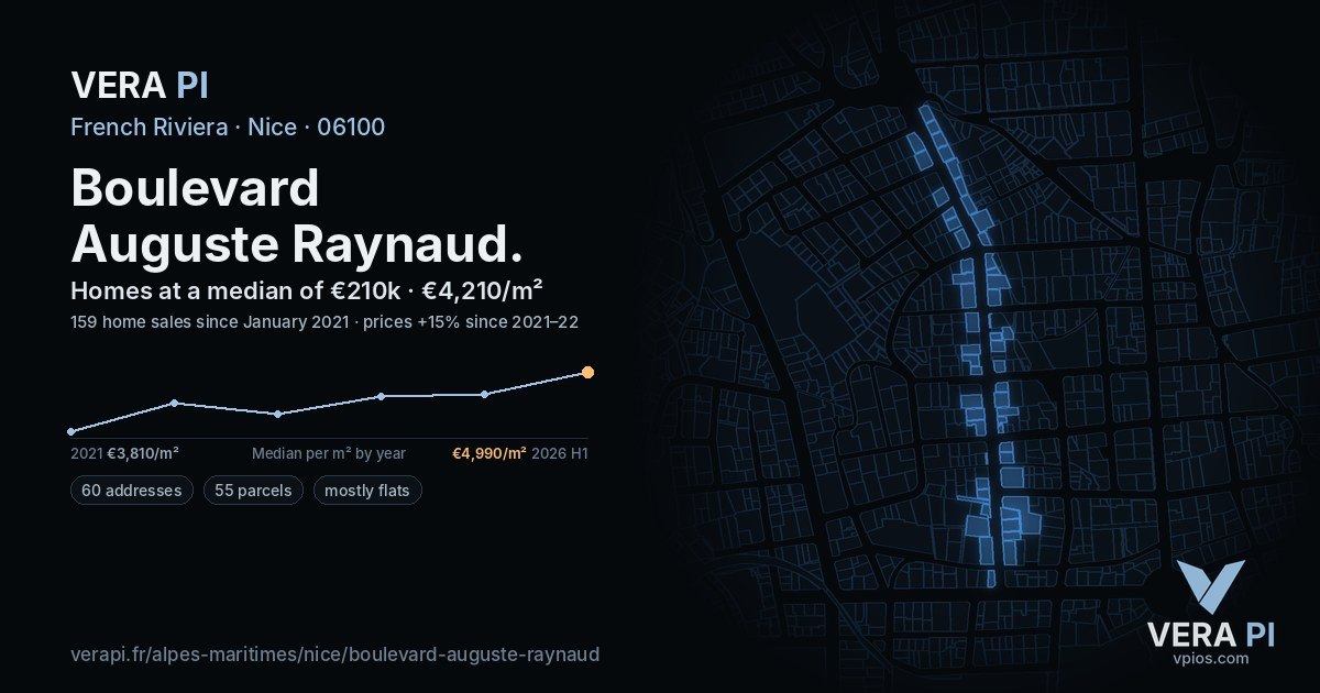 Boulevard Auguste Raynaud, Nice at night – every parcel coloured by the prices around it, the street's own parcels lit