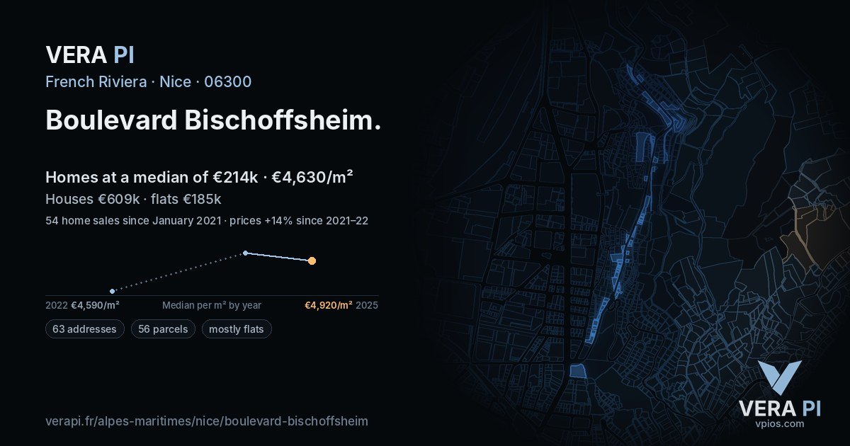 Boulevard Bischoffsheim, Nice at night – every parcel coloured by the prices around it, the street's own parcels lit
