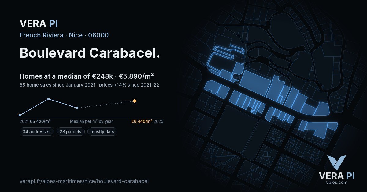 Boulevard Carabacel, Nice at night – every parcel coloured by the prices around it, the street's own parcels lit