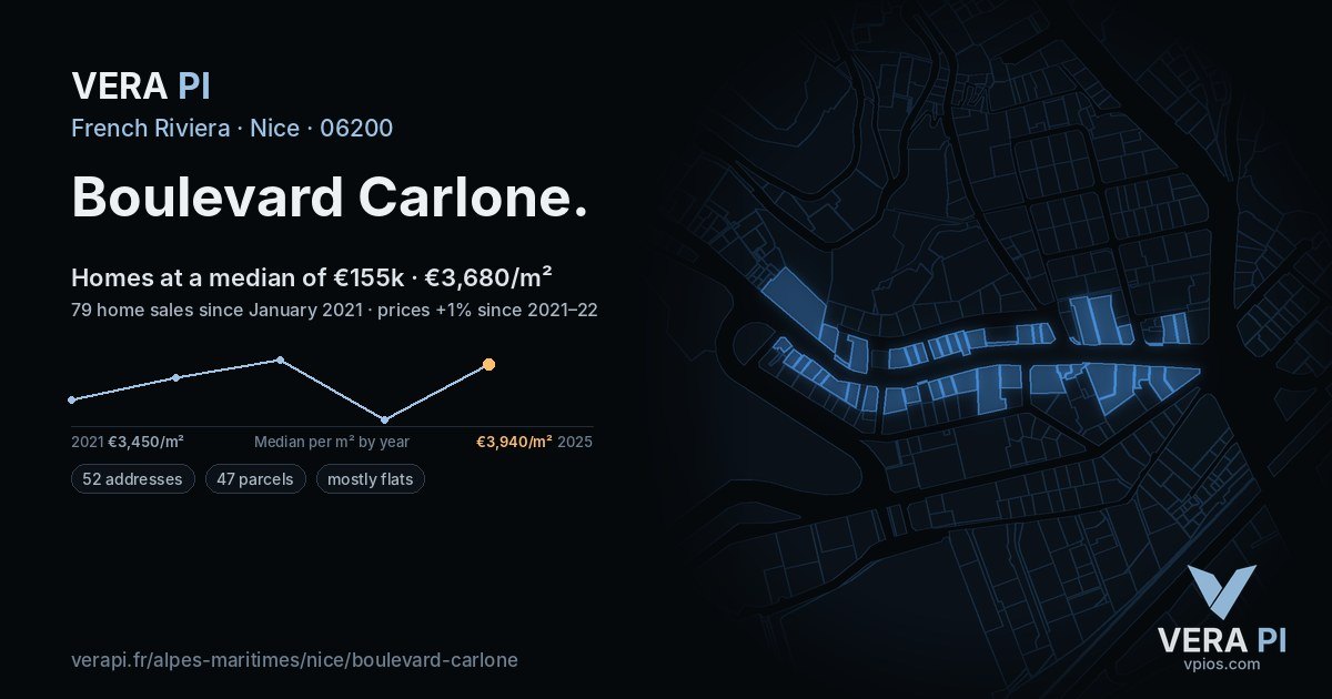 Boulevard Carlone, Nice at night – every parcel coloured by the prices around it, the street's own parcels lit