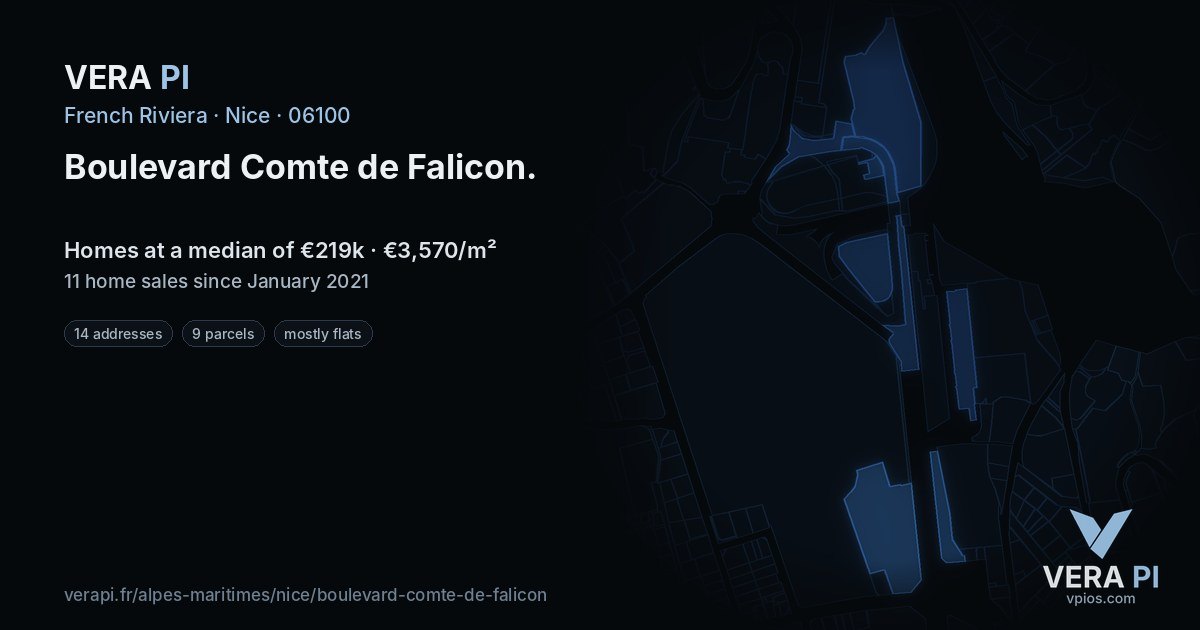 Boulevard Comte de Falicon, Nice at night – every parcel coloured by the prices around it, the street's own parcels lit