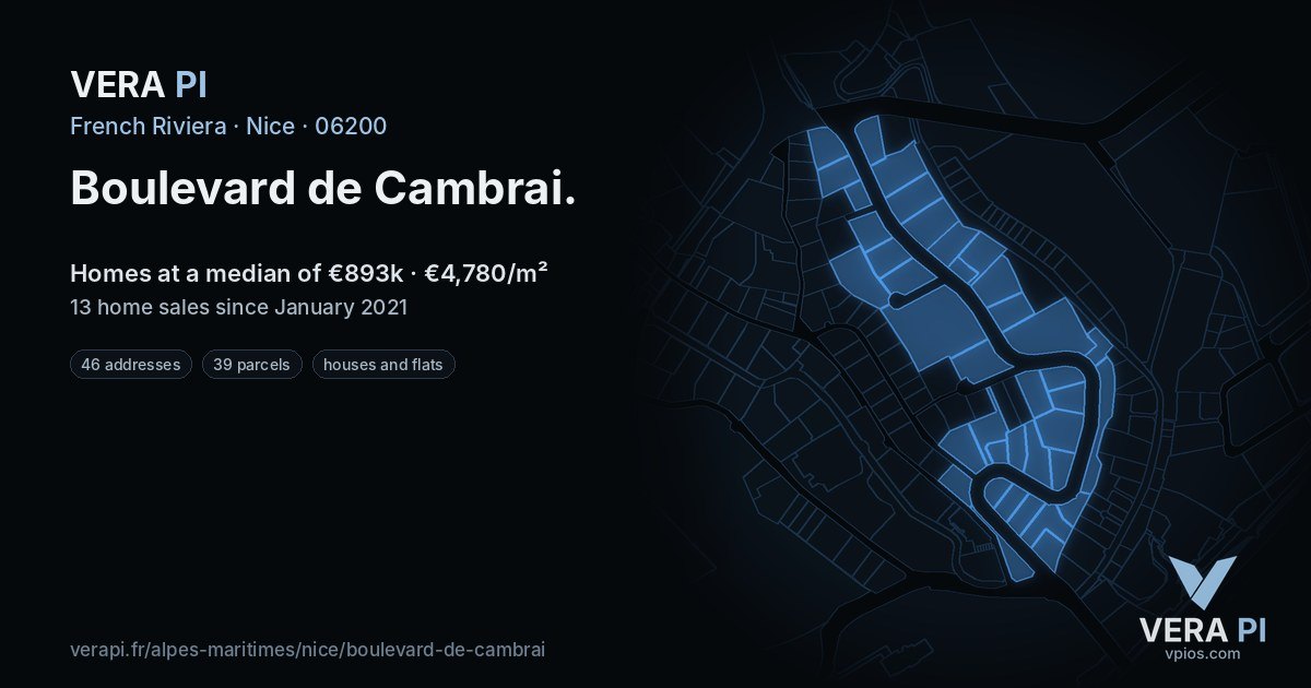 Boulevard de Cambrai, Nice at night – every parcel coloured by the prices around it, the street's own parcels lit
