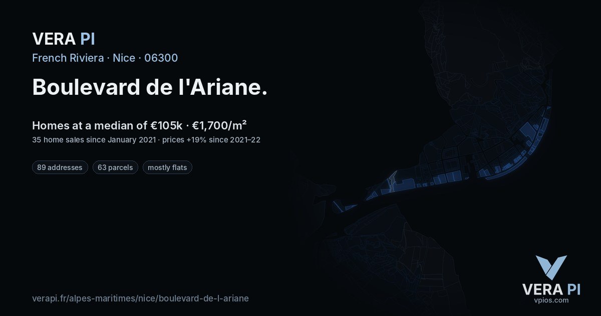 Boulevard de l'Ariane, Nice at night – every parcel coloured by the prices around it, the street's own parcels lit
