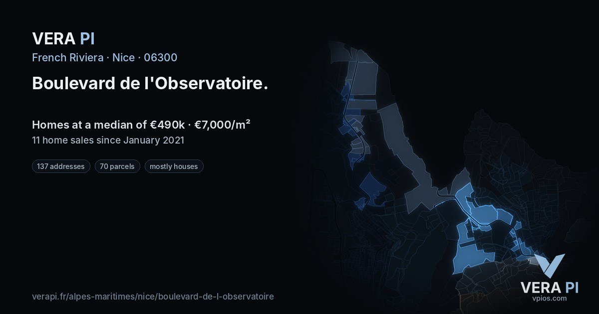 Boulevard de l'Observatoire, Nice at night – every parcel coloured by the prices around it, the street's own parcels lit